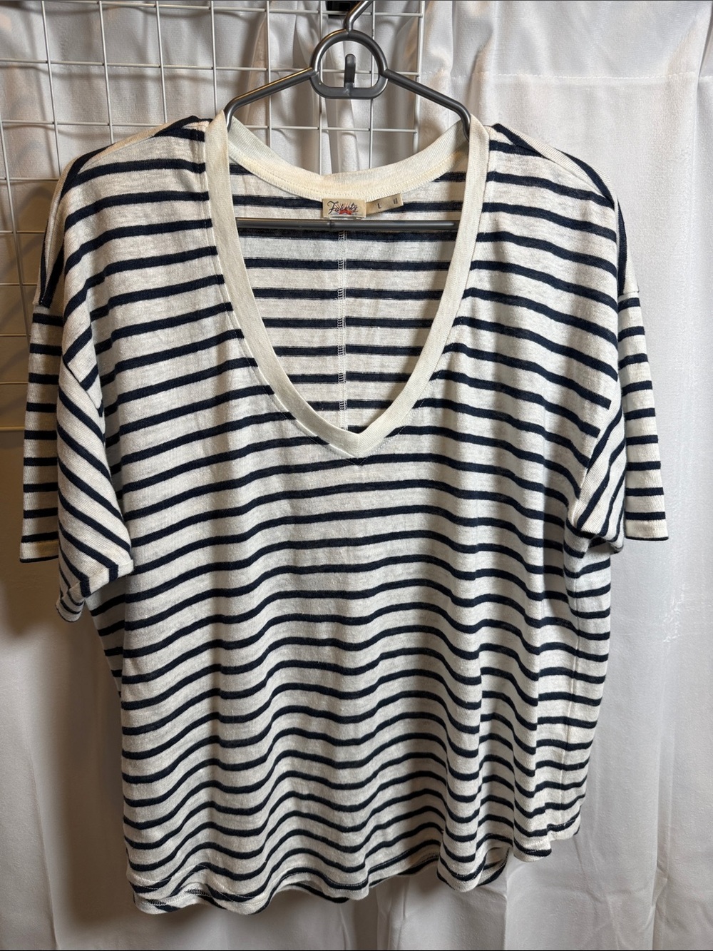Faherty Navy and White Striped linen V-Neck Tee